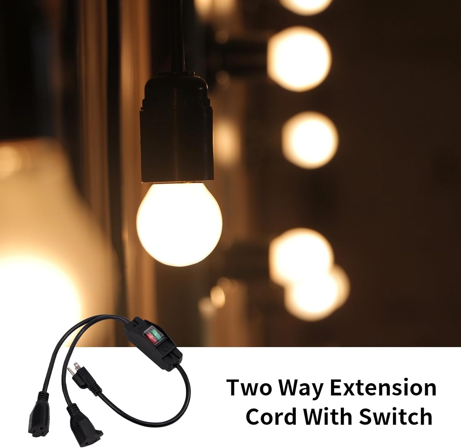 2.4Ft 3 Prong Extension Cord with Switch Power Cord 18AWG 2 Way Heavy Duty Plug Splitter 10A/125V/1250W