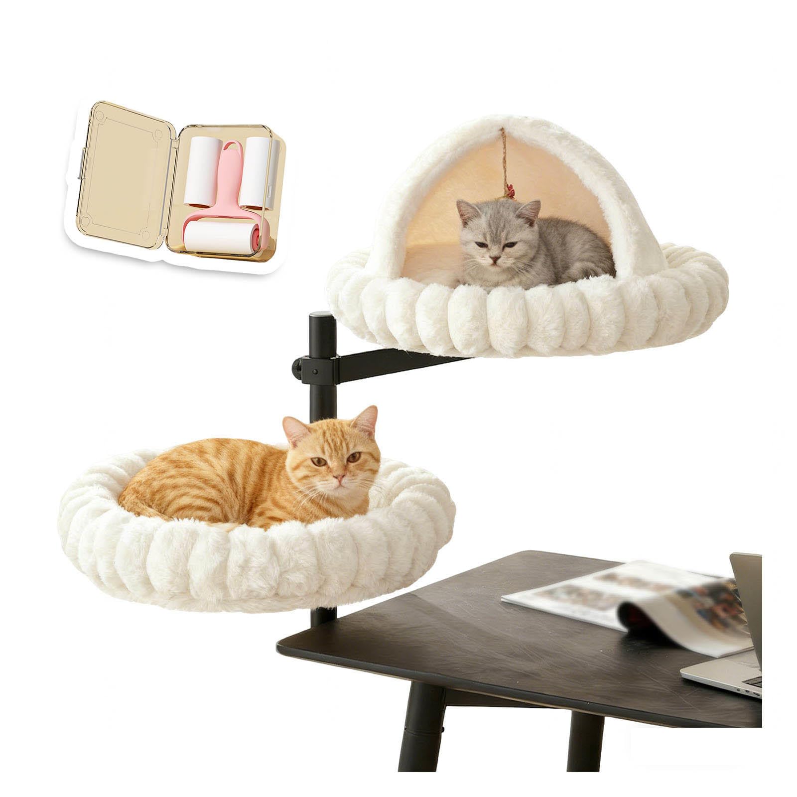 Cuccia Gatto Chiusa, Girevole a 360°, Altezza Regolabile Amaca per Gatti con 2 Tessuti Lavabili per Ufficio e Lavoro,White