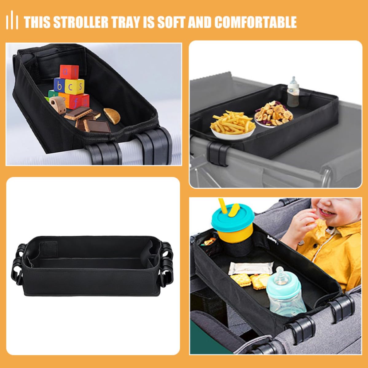 YARNOW Vassoio Organizer per Passeggino Nero in Tela Portabicchieri e Clip, Accessorio Portatile per Snack e Bevande Durante i Viaggi