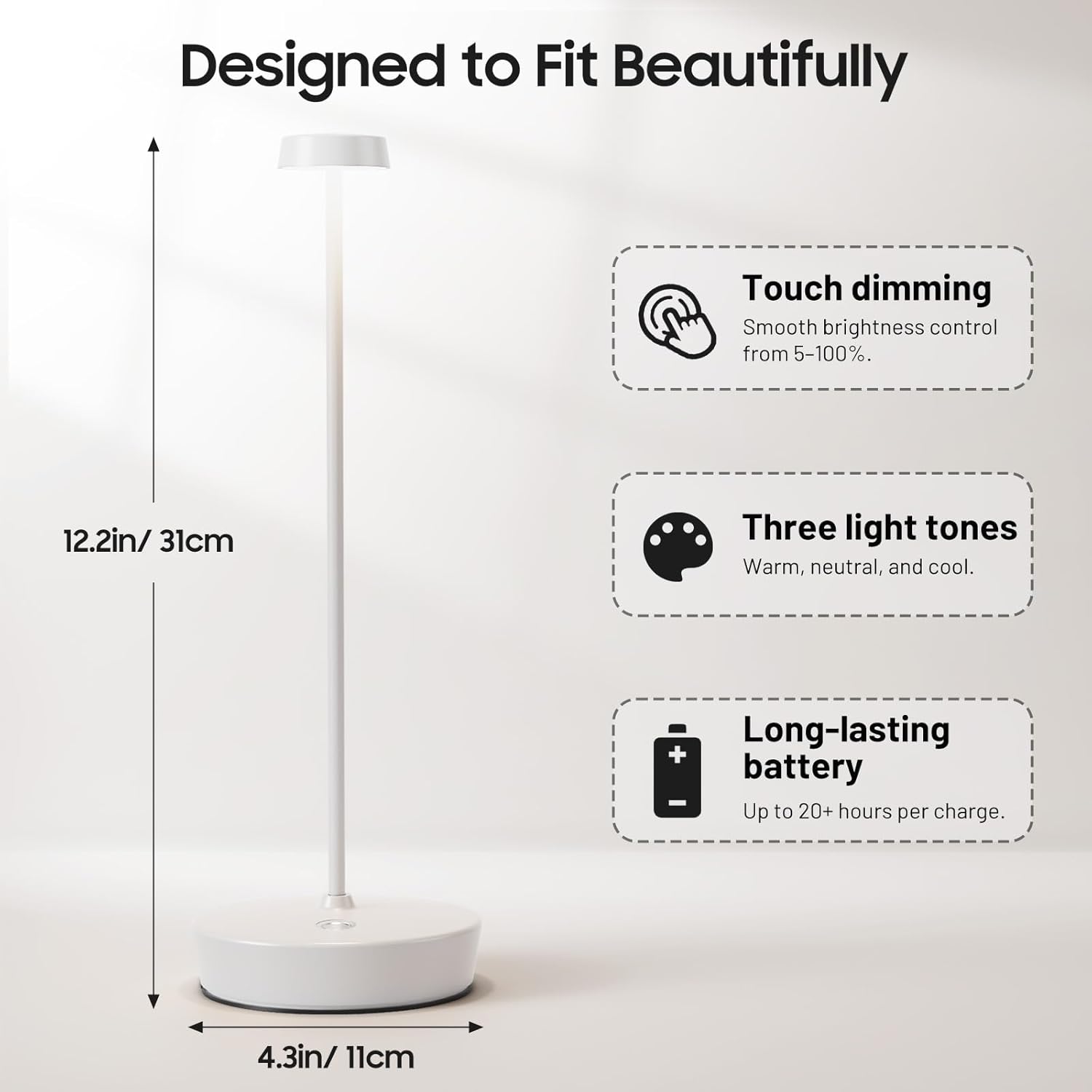 2Pack Cordless LED Table Lamp，Rechargeable Battery Desk Lamps, 3 Color Stepless Dimmable Metal Battery Table Lamps, Portable Table Light