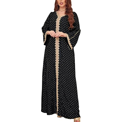 FPOVFPO Womens Muslim Abaya Dress One-Piece V Neck Bronzing Dress Islamic Full Length Kaftan Daily Casual Dress