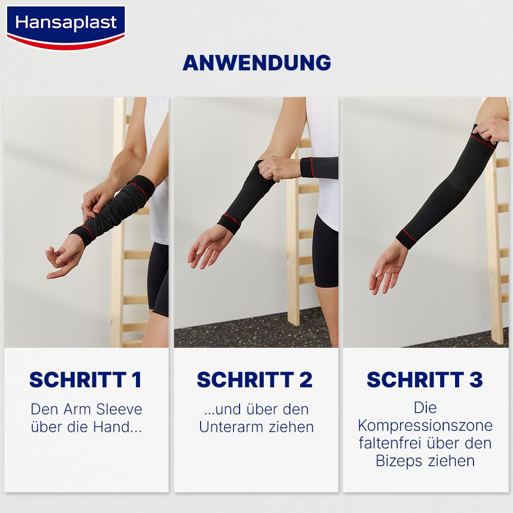 Hansaplast Sport Compression Wear Arm Sleeves, Armbandage unterstützt die Muskulatur, Ellenbogenbandage fördert mit Kompression die Muskelregenration, 1 Paar, Größe S/M