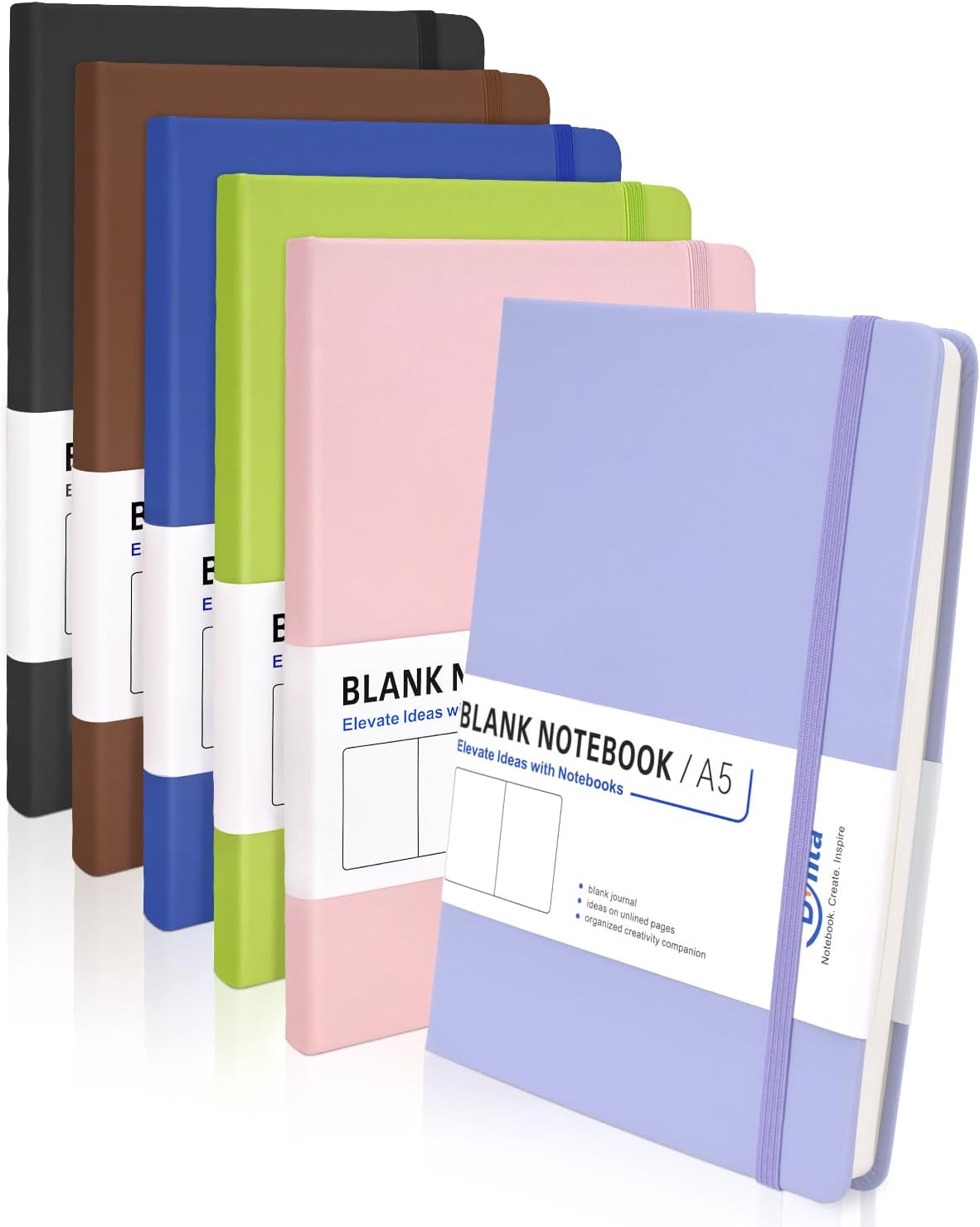 Dynta Blank Journal Notebooks for Women Men, 6 Packs A5 Hardcover Sketchbook, 200 Pages/100 Sheets Unlined Paper, 6 Colors, 5.8" x 8.4" Plain Journals bulk for Writing, Sketching, Drawing