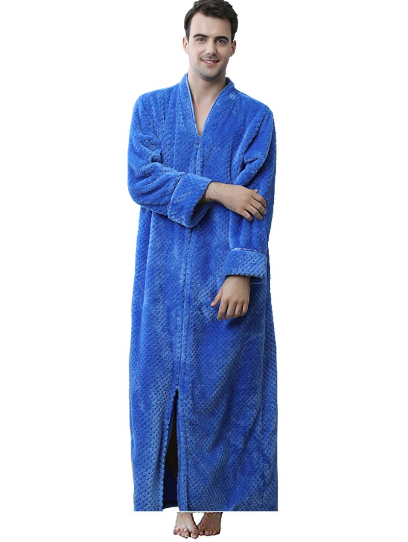 Daoba Men's Bathrobe Premium Flannel Fleece Plush Caftan Soft Long Robe Warm Housecoat Zip Front Man Blue