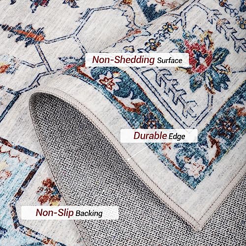Madane Blue Runner Rug, 2x5, Low-Pile, Non-Slip, Washable, Stain Resistant, Retro, Machine-Made, Microfiber, Floral, Kitchen, Living Room, Bedroom, Laundry Room