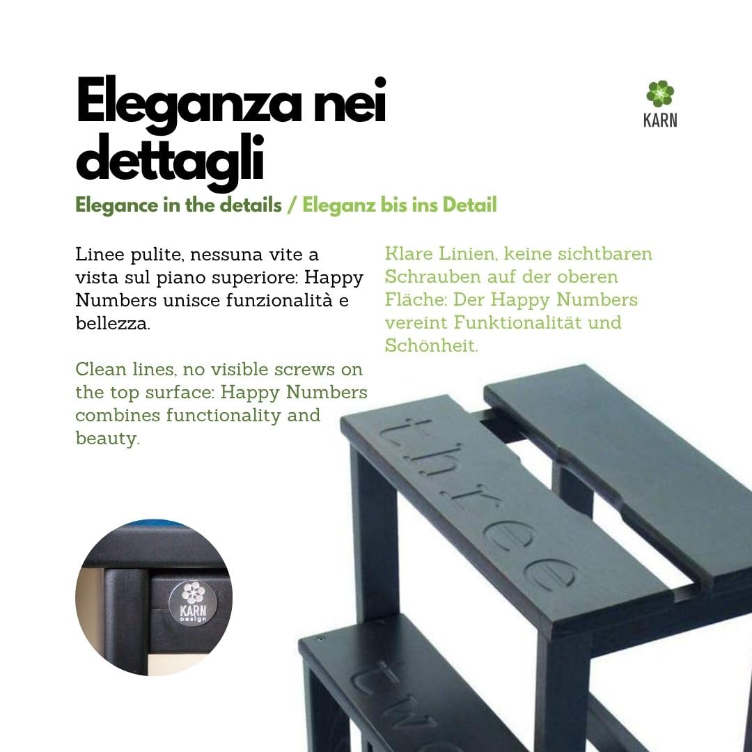 Karn Happy Numbers –Sgabello Scala in Faggio Massello con Gradini Girevoli Numerati e Sistema di Sicurezza – Ideale per Libreria, Cucina, Scaffali e Uso Domestico – Made in Italy