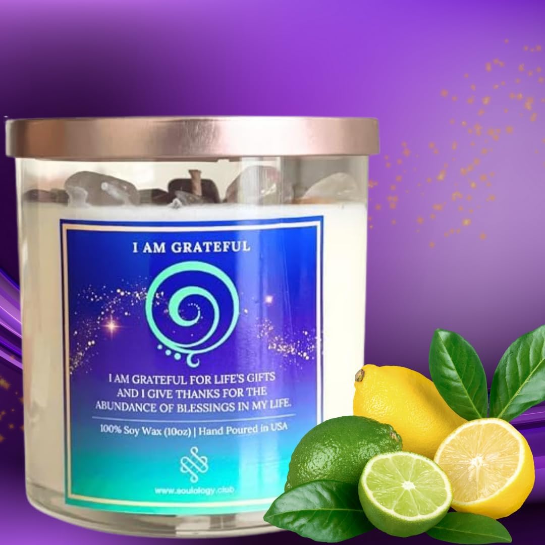I Am Grateful Crystal Manifestation Candle 10oz, Handmade crystal candle, 100% Soy Wax & Phthalate-Free Fragrances, High Vibe Crystal Affirmation Candles, The Power of Gratitude, Candle Magic