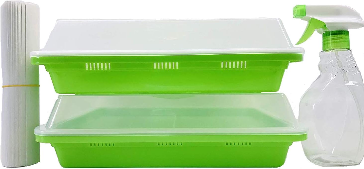 2 Pack of BPA Free Home Microgreen Soilless Hydroponics Seed Sprouter Grow Tray with Cover + Free Spray Bottle and 20 Sheets Growing Paper