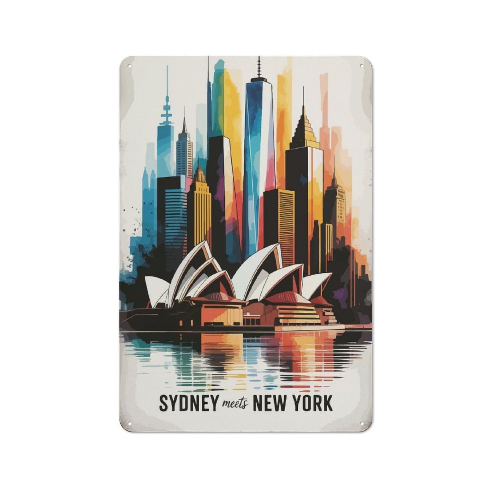 Junmoney Sydney Meets New York Cityscape Retro Tin Sign 30X20cm For Garage Or Workshop, For Furnishing A New Garage And Workshop With Retro Decor