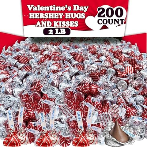 Valentine's Day Hershey Hugs and Kisses Mix, 2 Lbs, Bulk Individually Wrapped Milk Chocolate in Red and Silver Foils, Valentine's Day Chocolate Hershey Kisses Assortment, Candy Food Gift, Appx 200 Pieces Cover