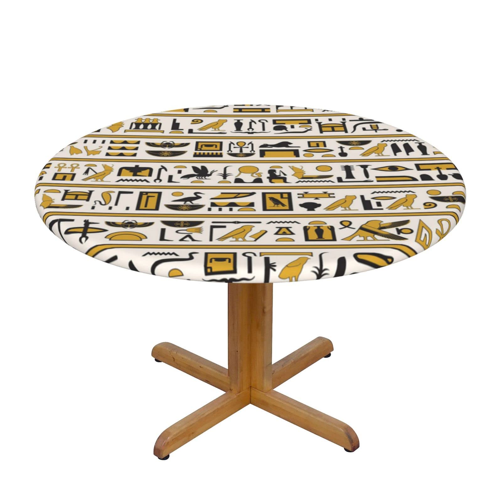 Lsjuee Round Fitted Tablecloth 45-50in Elastic Edged Table Cloth for Kitchen Dining Party Home Decor - Ancient Egypt Hieroglyphs Gold White