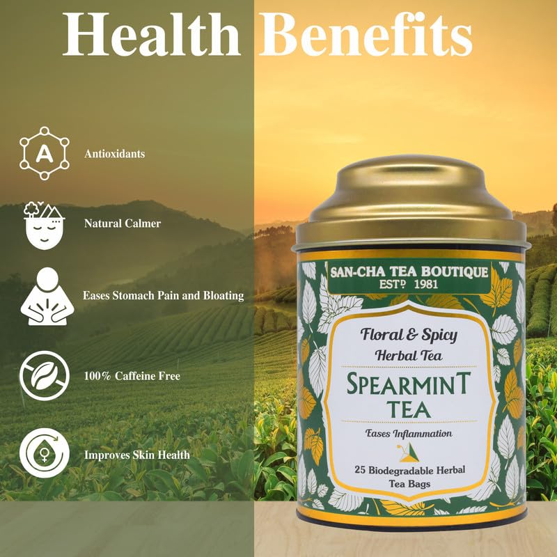 Image of SAN-CHA Sancha Tea Boutique,Spearmint Herbal Tea,25 Pyramid Tea Bags,Pure Spearmint Tea With Cloves&Lemongrass,Tea For Pcos&Pcod,Naturally Calming Tea,100% Caffeine Free Herbal Tea,150 Grams