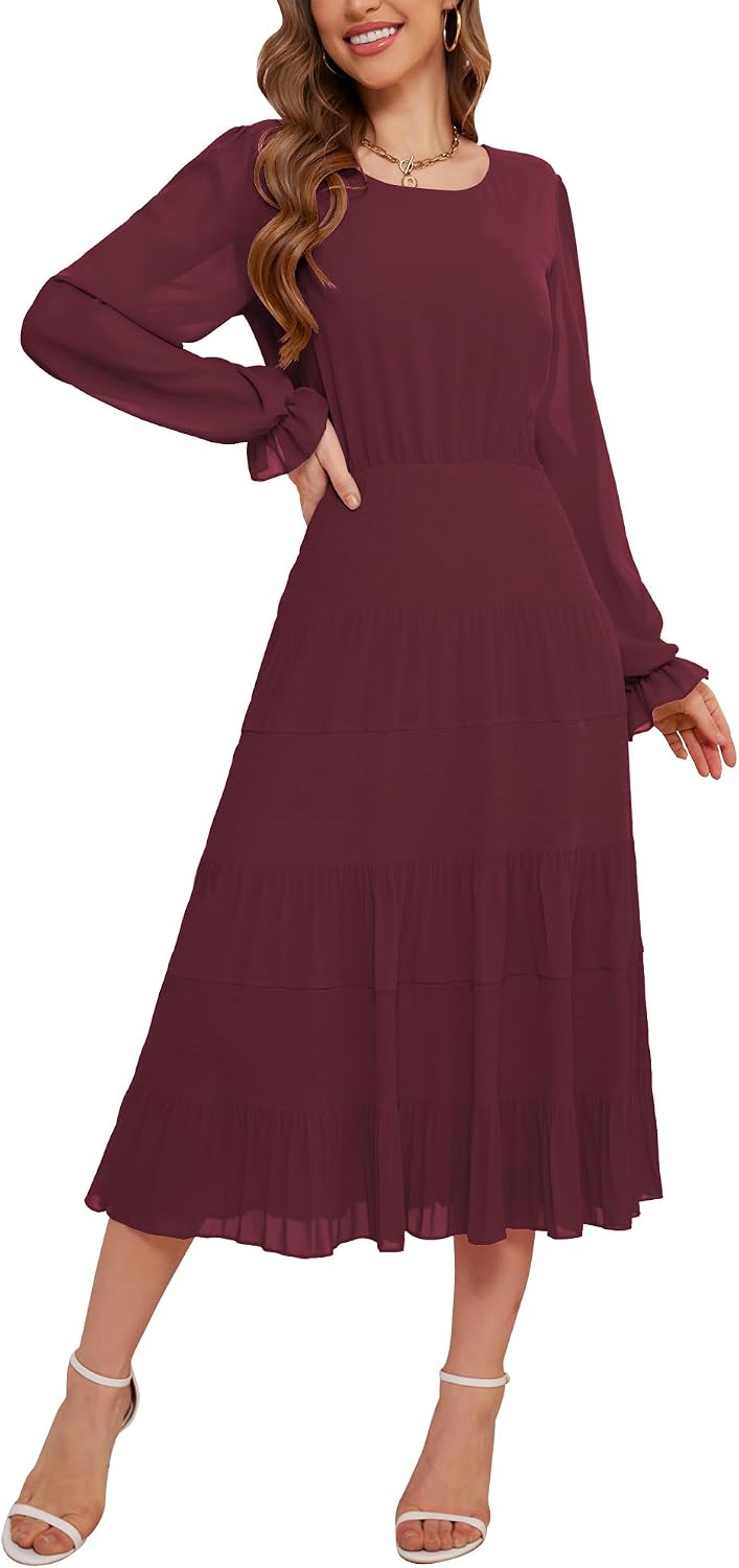 CYiNu Women's Midi Dresses Long Sleeve Crew Neck Flowy Casual Floral Boho Tiered Chiffon Smocked Elegant Dress