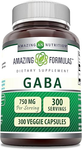 Amazing Formulas GABA  750 mg por porción (sin OMG, sin gluten)  Efecto calmante y relajante  Alivia la tensión nerviosa (300 cápsulas vegetales)