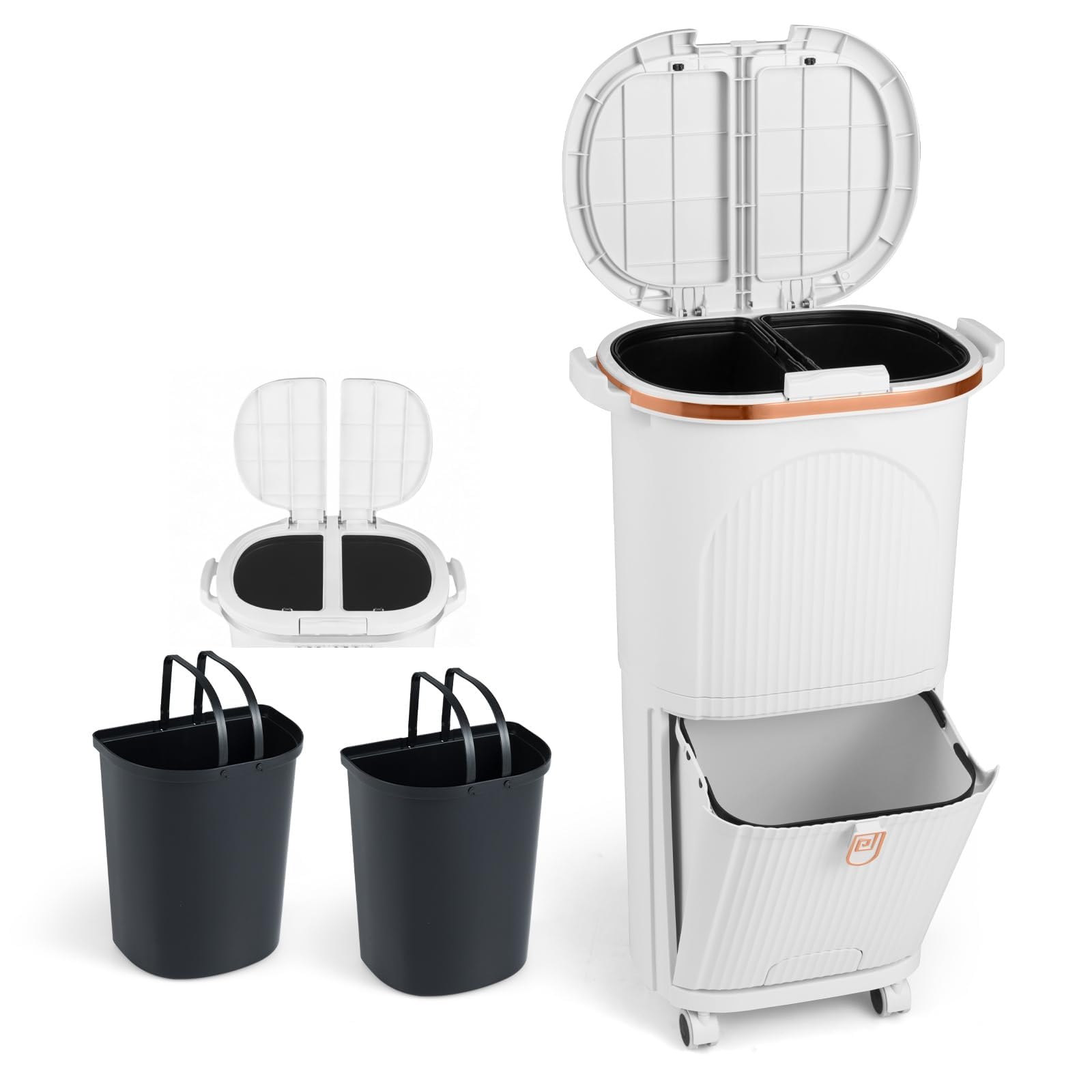 COSTWAY Cubo de Basura Cocina 38L (12+12+14L), Cubo de Basura de Reciclaje con 3 Compartimentos, 2 Cubos Extraíbles, Pedal y Ruedas, Papelera de Reciclaje con 2 Tapas Separadas, 43x29x75 cm (Blanco)