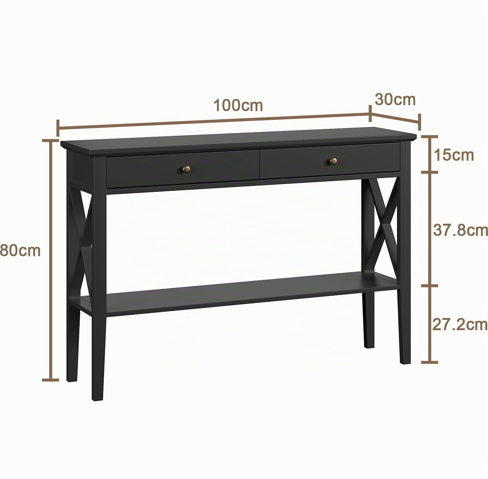Console Meuble Design pour Espaces Étroits, Meuble 2 Tiroirs et Étagère Fixe pour Entrée, Salon et Couloir, Surface Lisse Facile à Nettoyer, Noir
