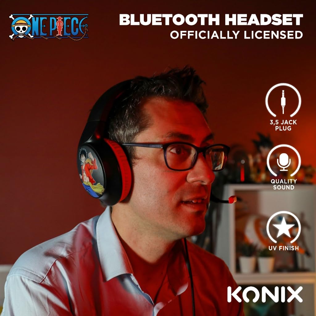 Konix Cuffie da gioco cablate One Piece per PC, PS4, PS5, Switch, Xbox One e Series X|S - Microfono - Cavo da 1,5 m - Connettore jack da 3,5 mm - Modello Luffy