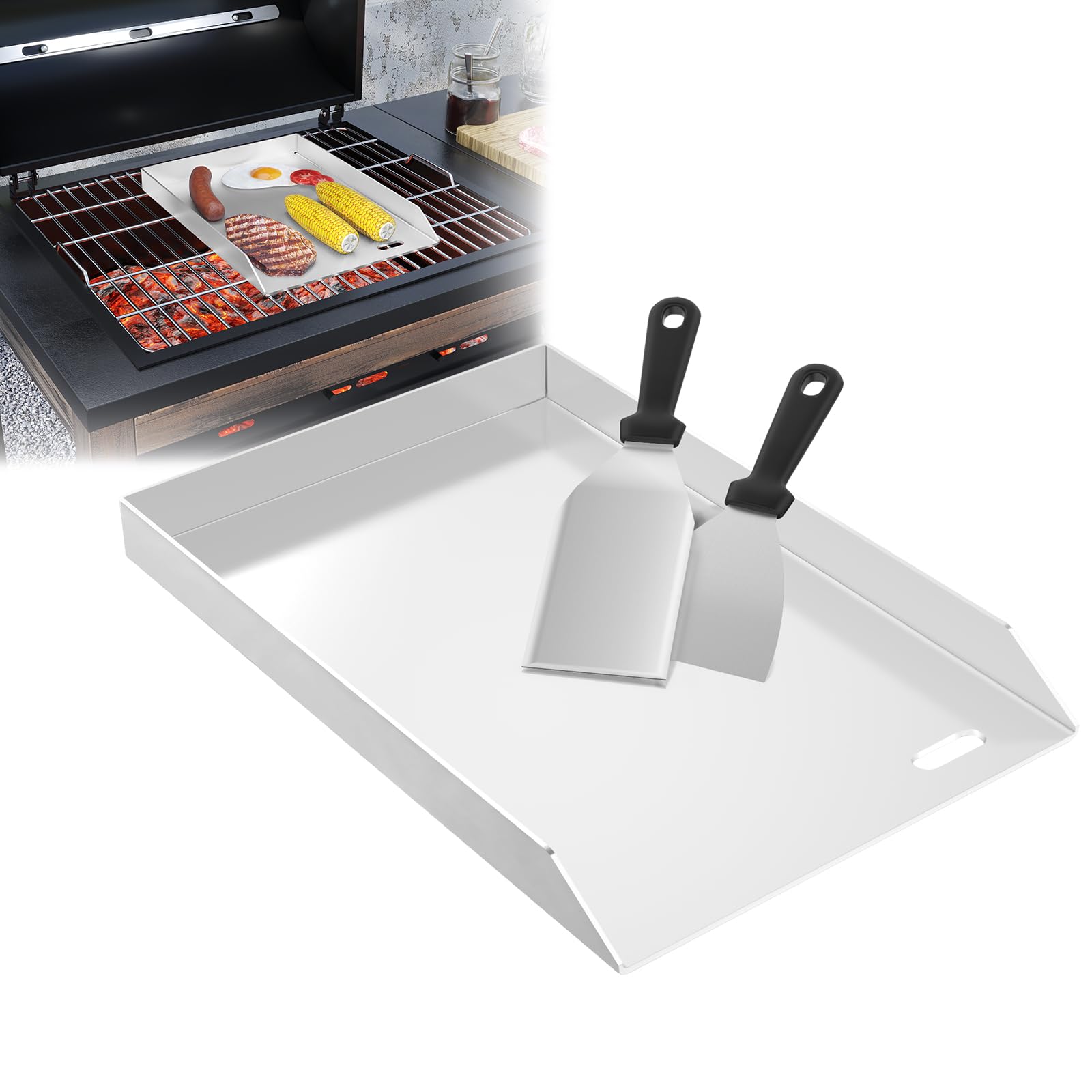 LILIIN Płyta grillowa ze stali nierdzewnej 45x30cm Plancha BBQ z dołączonym spachlem do grilla, płyta grillowa do grilla gazowego i węglowego - zapobiegające wyciekom kąty dla czystego grilla, bez