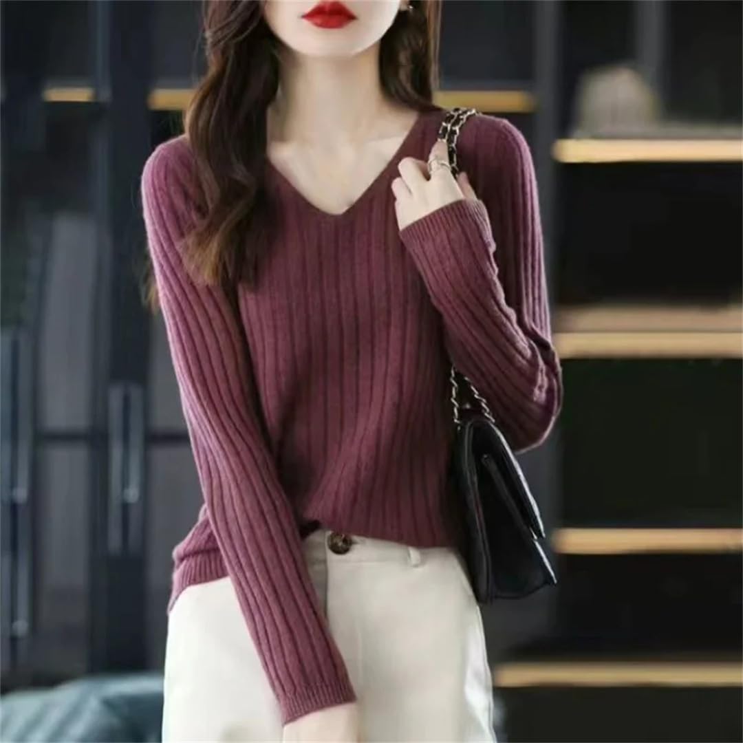 Jesienny sweter z dekoltem w serek damski solidny obcisły wszechstronny sweter dzianinowy top