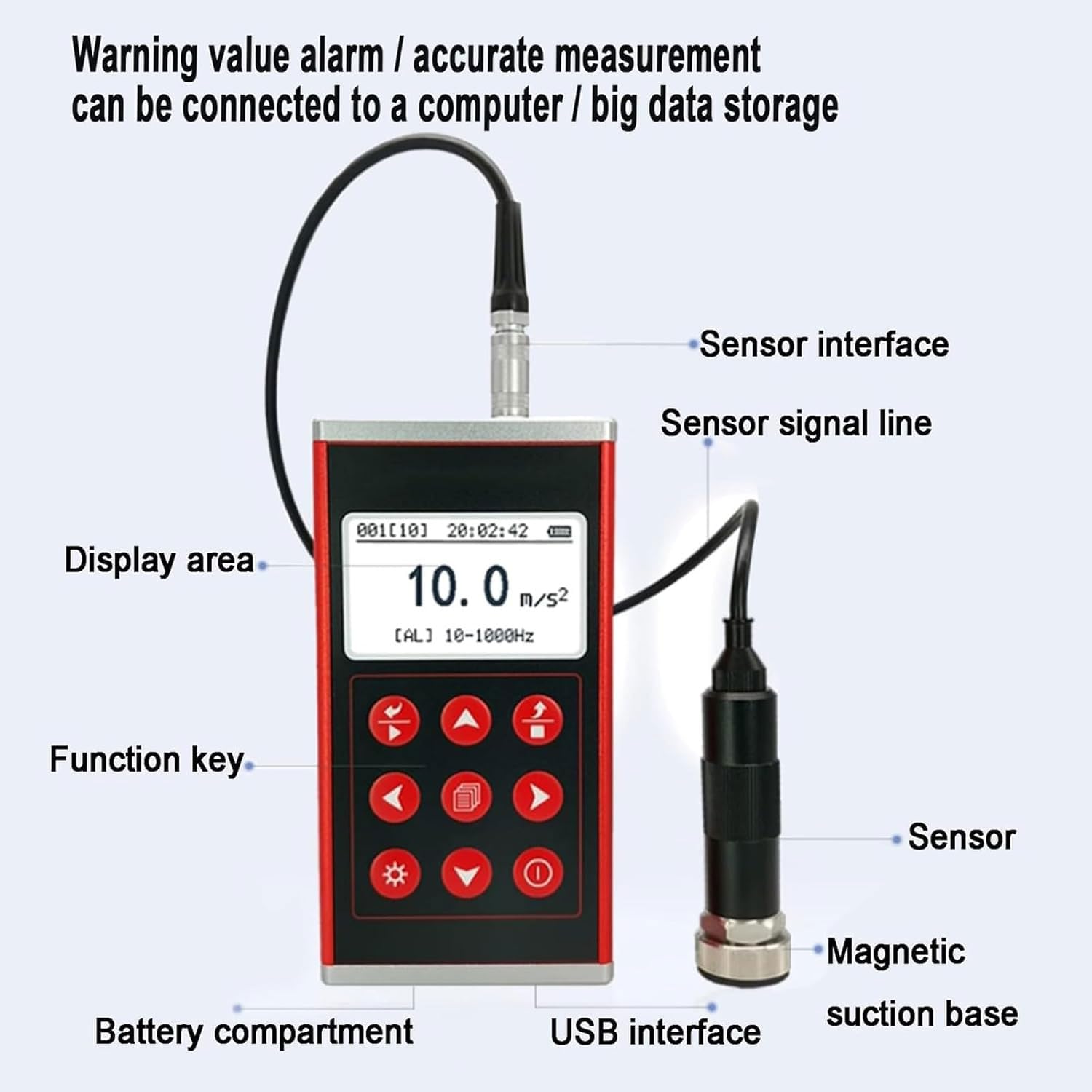 JOSBY Analizador de Vibraciones Digital portátil con Pantalla LCD, Rango de medición de 0,1 a 199,9 m/s², Velocidad de 180 a 60 000 RPM, sonda Sensible para detección de Fallos mecánicos