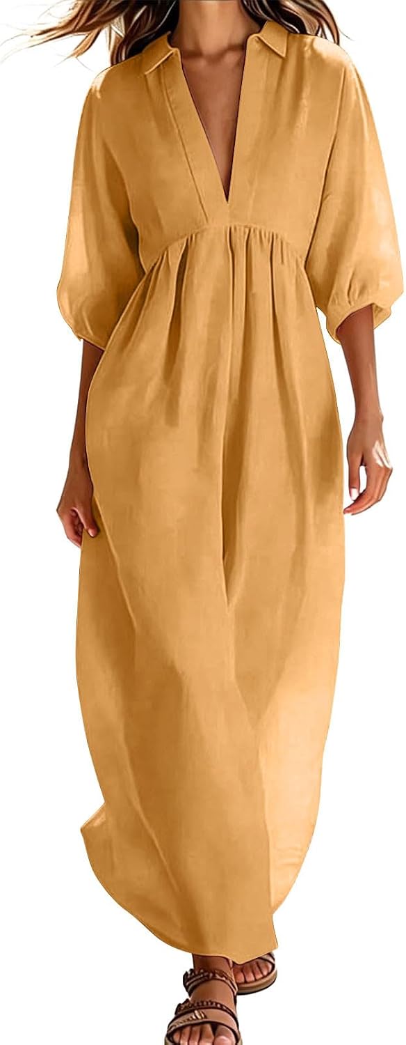 cotton linen loose maxi dress Womens Beessbest Women's Cotton Linen Maxi Dress – 3/4 Sleeve V-Neck Fit Summer Sundress With Collar Informal dresses Size:1/XS Bride Jacket Nike Dresses for Women and leather sandals for