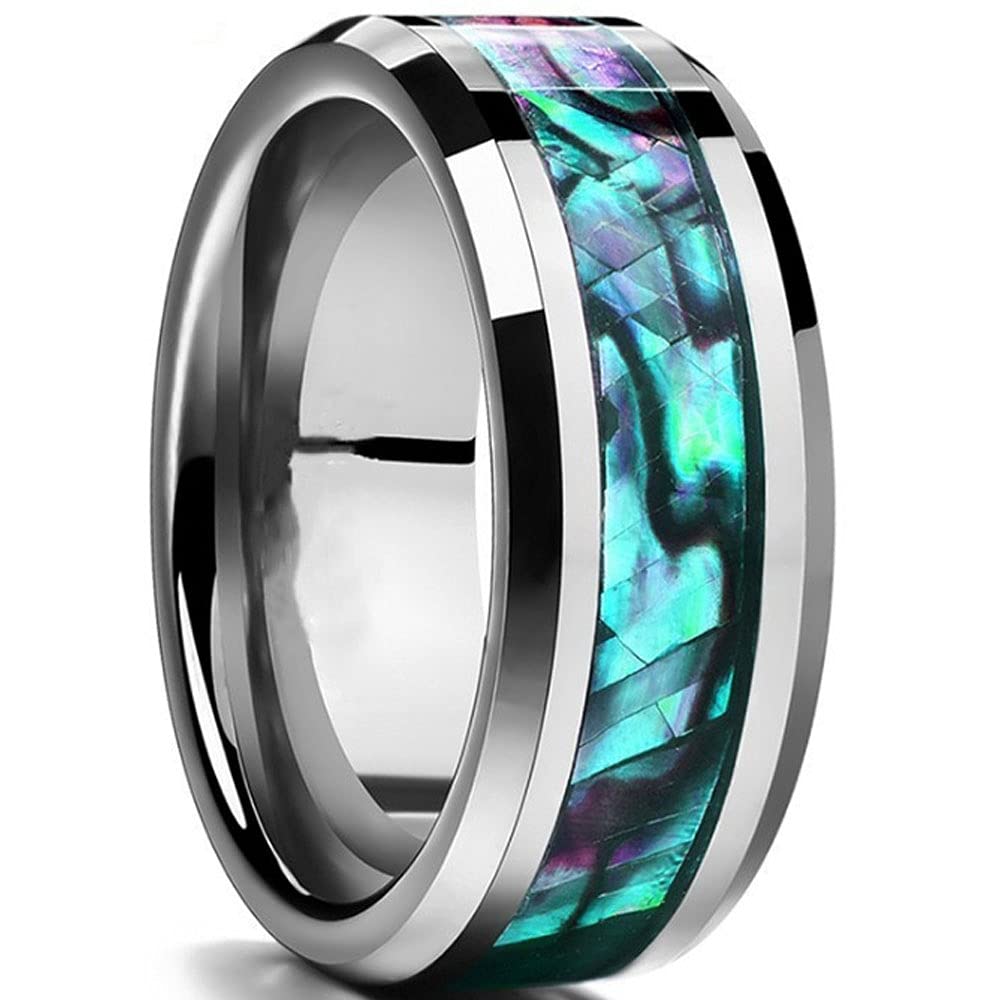 AONEW8mm Stainless Steel Rings for Men Engagement Wedding Bands Abalone Shell Tone Beveled Edges Polished Comfort Fit Size 6-13