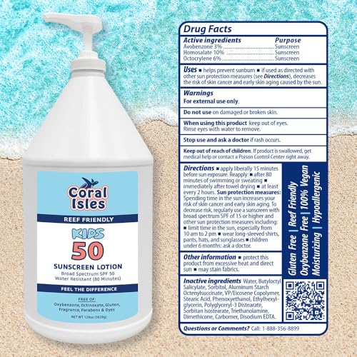 Rocky Mountain Sunscreen Coral Isles by Rocky Mountain Sunscreen | SPF 50 KIDS Lotion | Broad Spectrum UVA/UVB Protection | Hawaii Reef-Safe Act Compliant | Oxybenzone & Octinoxate Free | Water Resistant 80 Min. | 128 Fl Oz