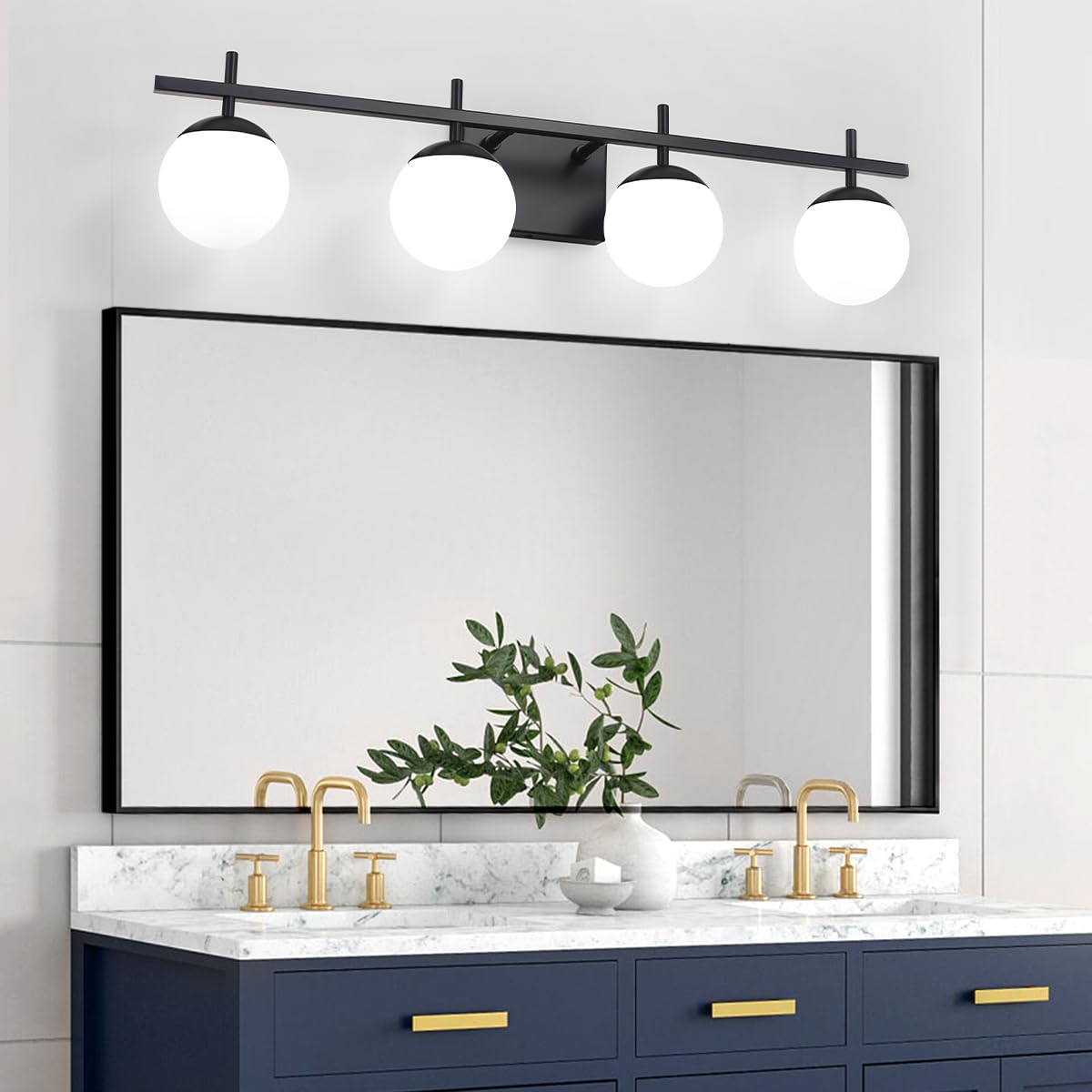 SILAMPDI Black 4-Light Bathroom Vanity Light - Over Mirror Wall Sconce With Milky White Glass Shades, E26 Base, Modern For Bathroom & Bedroom