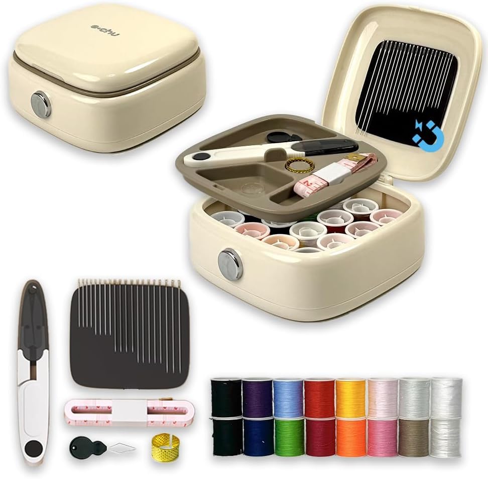 Seenoz Premium New Sewing Kit Box with 16 Multi Color Threads, Needles, Scissors, Tape Measure, Threader and Thimble for Home Use Diy Crafts and Travel Repairs, Complete Tailoring Kit (Pack of 1, Beige)