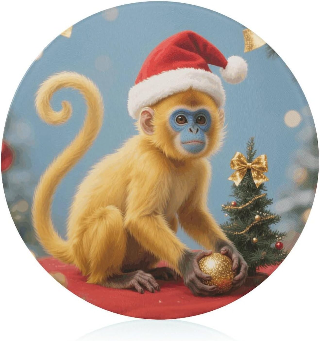 Christmas Monkey Tempered Glass Cutting Board Sturdy Chopping Block Personalized Large Butcher Block Lightweight Round Chopping Mat for Kitchen Non Slip