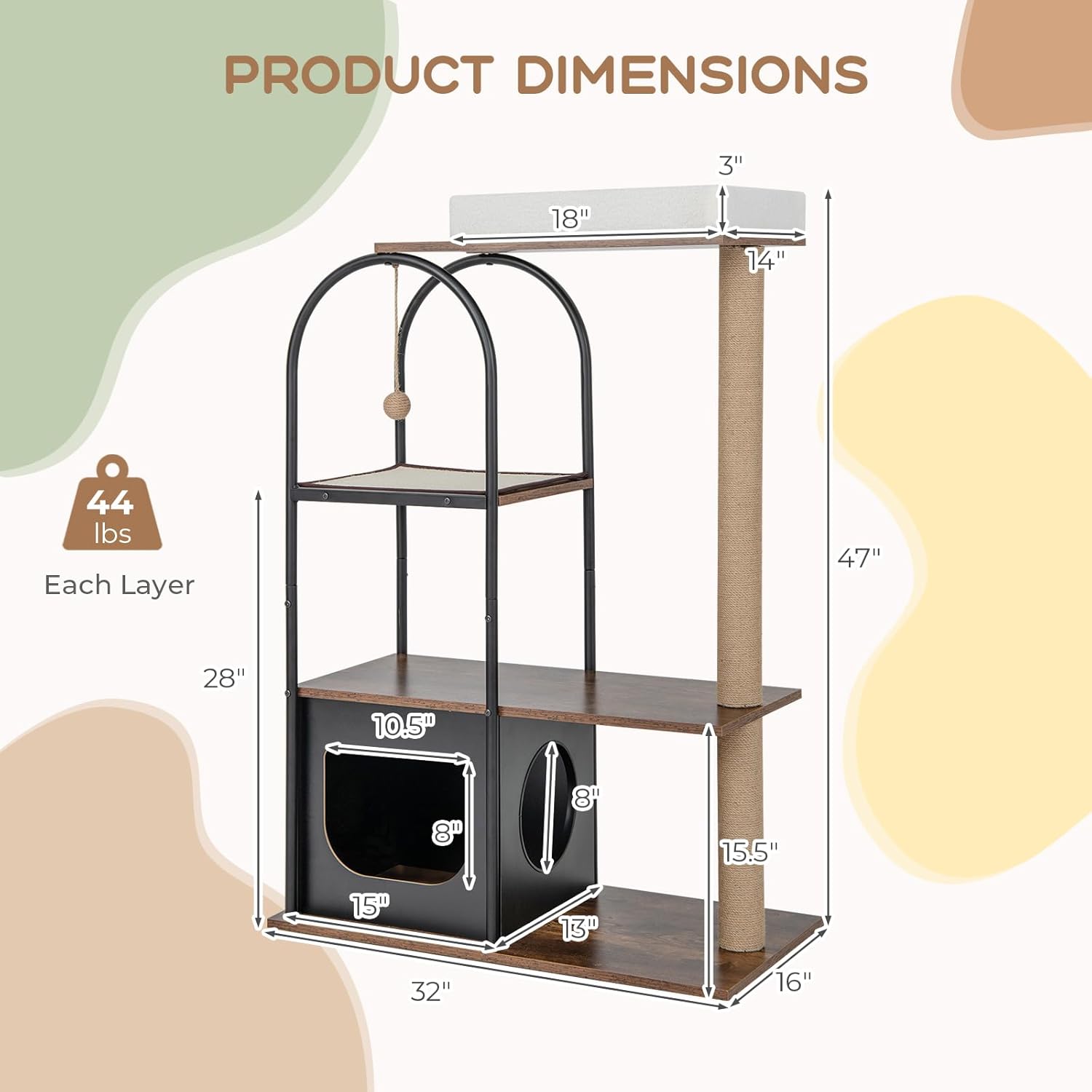 review Tangkula Cat Tree Tower, 47 Inch Modern Cat Tree with Metal Frame, Top Perch Cat Bed, Cat Condo, Jute Scratching Posts, Sisal Board, Hanging Ball, Wood Cat Tree for Indoor Cats Large Adult (Black)