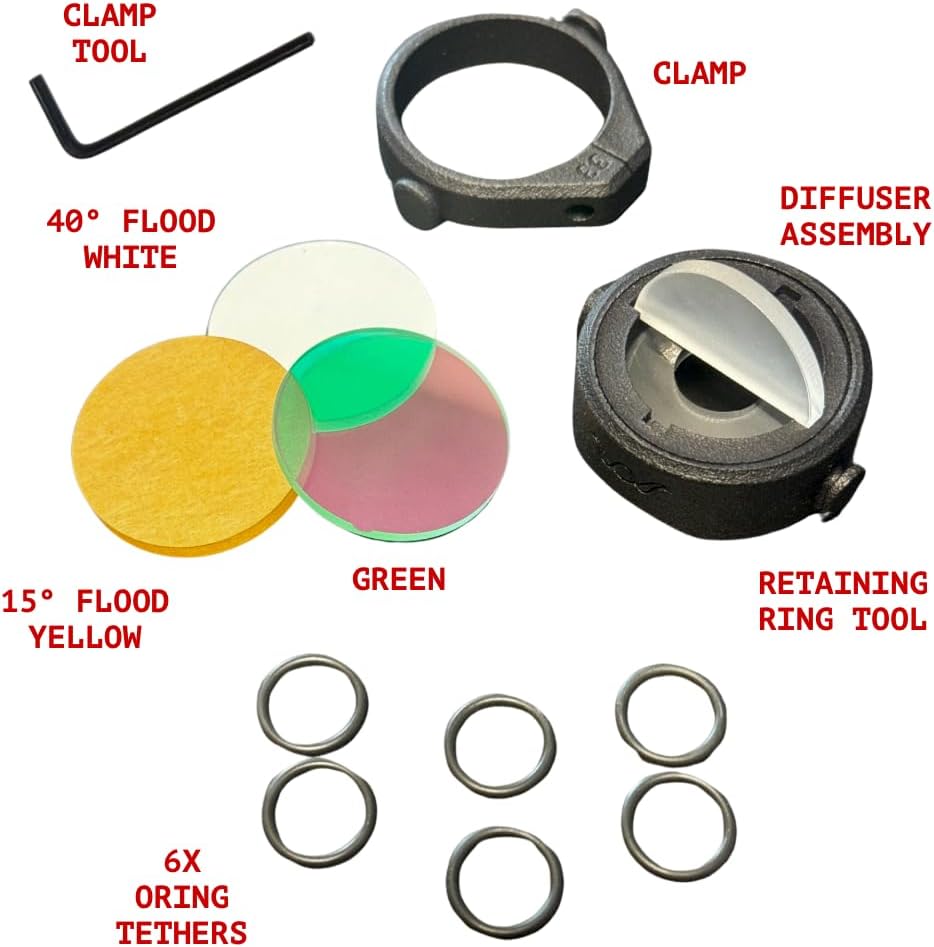 Villain Weapon Systems 4X Beam Diffusers for Blazer LEP, LED, or IR Illuminator - Includes Clamping Ring, Diffuser Retaining Ring Assembly, Tools