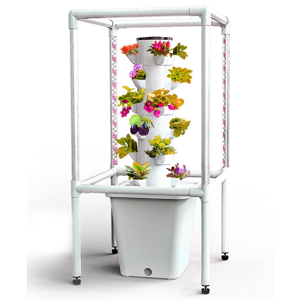 Garden Hydroponic Growing System 30 Pods Hydroponics Tower Vertical Garden Planter with LED Grow Light, Indoor Smart Garden Kit Aeroponics Growing Kit with Hydrating Pump,Adapter,Net Pots,Timer