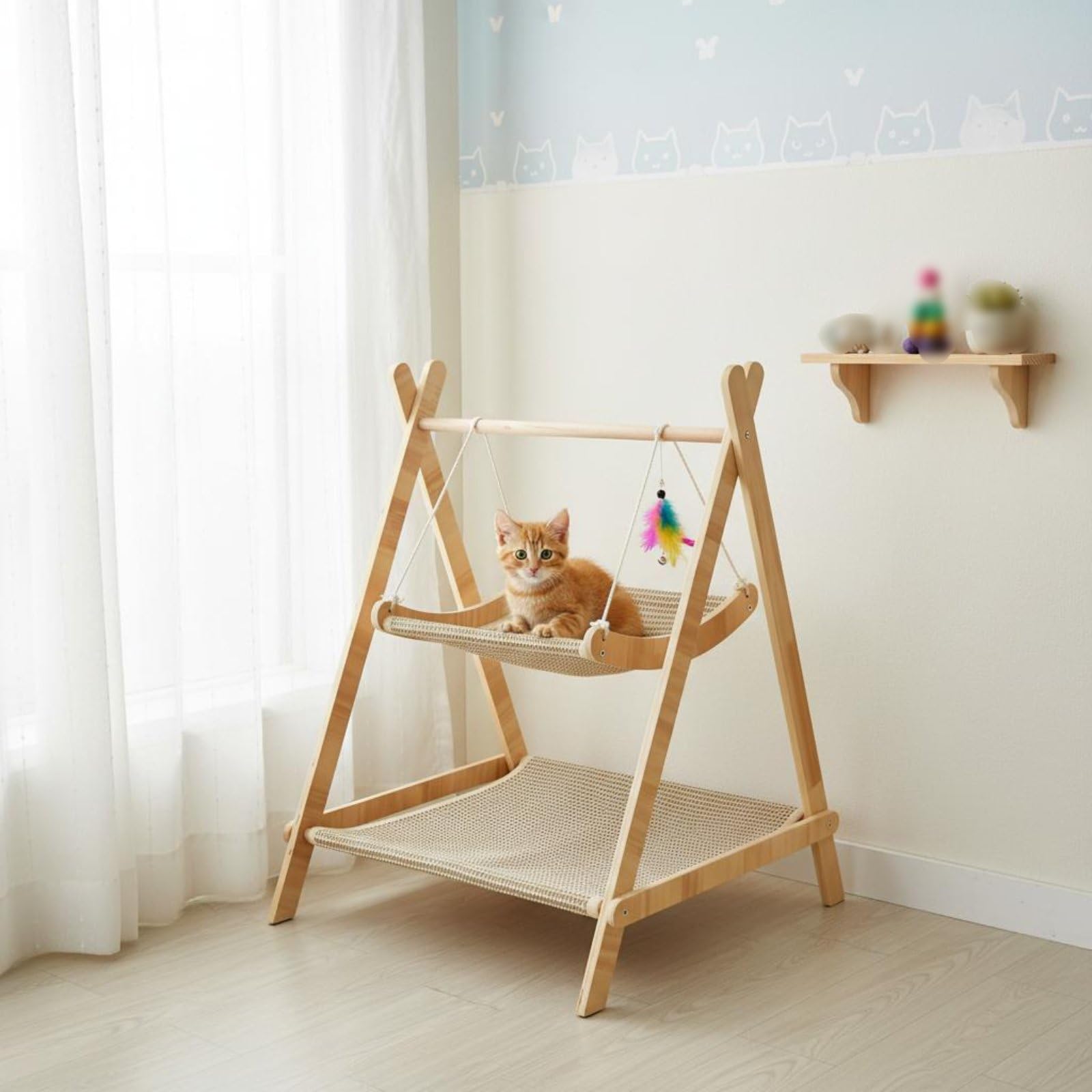 Katzen Hängematte Zweilagiges Schlafmöbel Kratzmatte Schaukelbett aus Verdicktem Holzrahmen Und Abnehmbarer Bezug zur Hygienischen Reinigung für, Color to 1