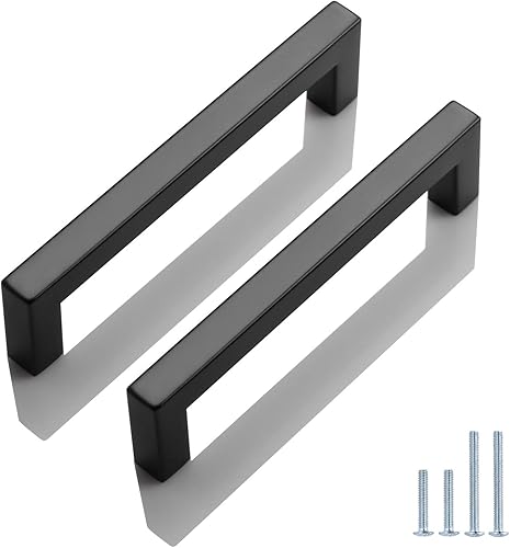 Probrico Paquete de 50 manijas de acero inoxidable planas negras para gabinetes de 5 pulgadas (5.039 in) con orificio central de cocina, tiradores