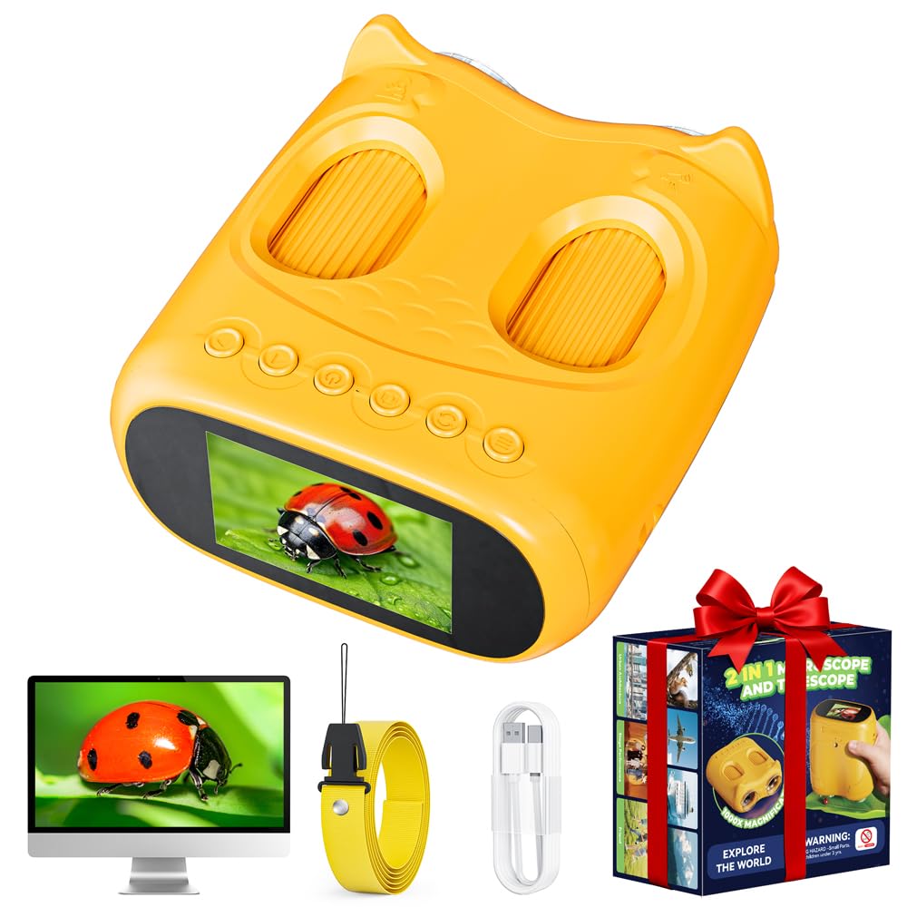 2 in 1 Microscopio Bambini e Telescopio, Temodu Microscopio Digitale da 2.0‘’, Elettronico Portatile Telescopio 10X con 8 luci LED, può essere utilizzato come regalo di compleanno o di Natale (Orange)