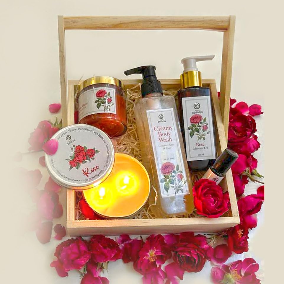Pranna Rose Collection Gift Hamper | Luxurious Spa Set with Candle, Body Scrub, Body Oil, Body Wash & Roll-on | for Relaxation & Self-care-image-8