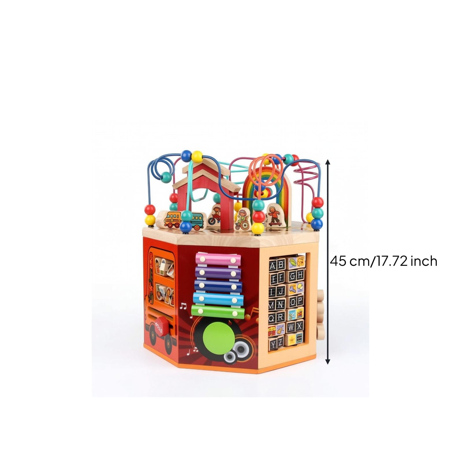 Casa Delle Attività Multiattività Centro Attività in Legno Educativo Giocattolo per Neonati, Cameretta, Asilo Nido, Otto Lati Con Perline Arcobaleno Musicali