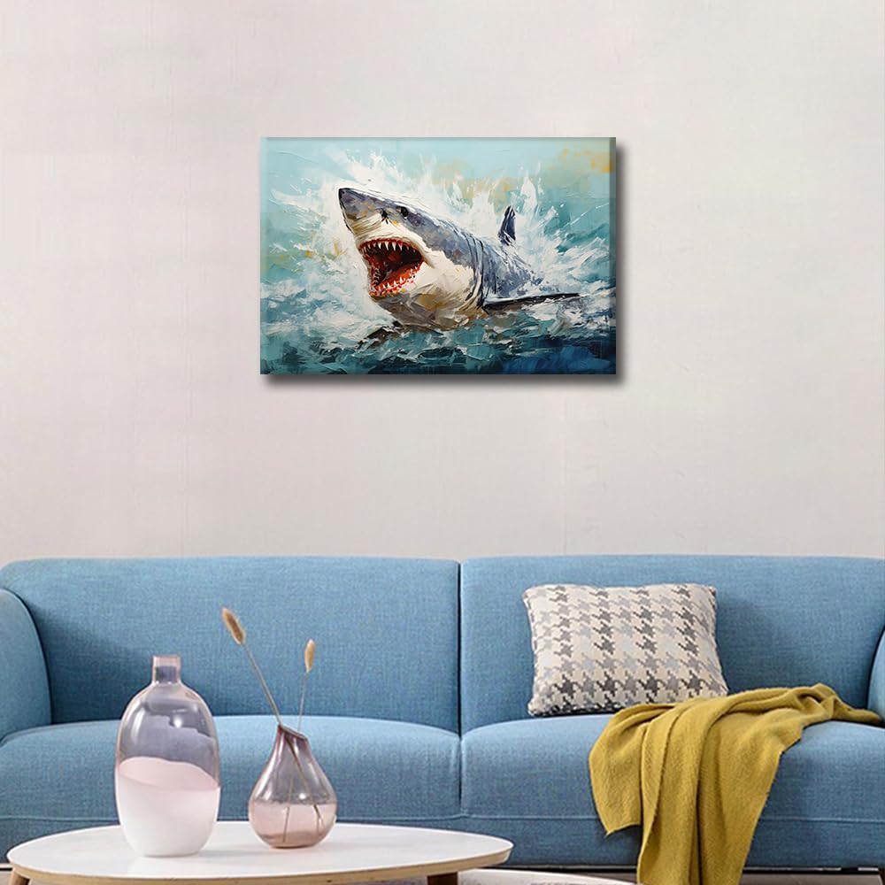 Painting of a Shark with Open Mouth Prints Poster Canvas Wall Art Home Decor for Living Room Animal Wallpaper Oil Painting Wall Decor Framed Ready to Hang (24"W x 16"H) - Image 3