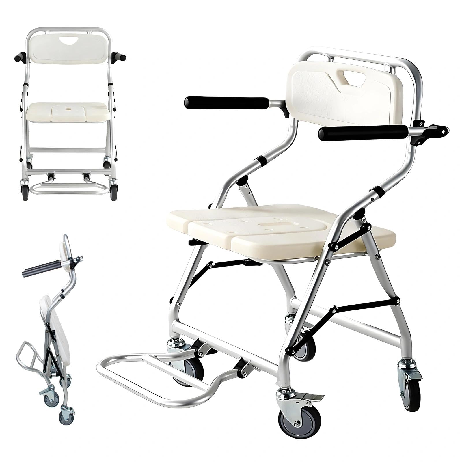 Silla de Ducha para Personas Mayores, 3 en 1 Taburete de Ducha Plegable con Ruedas, Silla Baño Ancianos Ducha con Reposabrazos y Respaldo para Discapacitados, Carga Máxima 120kg