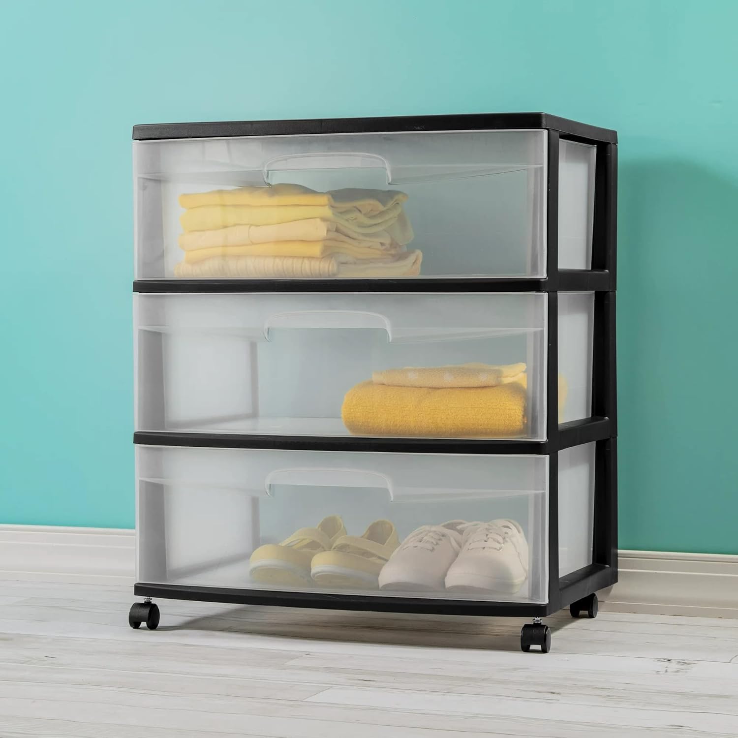 Plastic Storage Drawer Cart, Medium Home Organization Storage Container with 3 Large Clear Drawers With Wheels (Black)