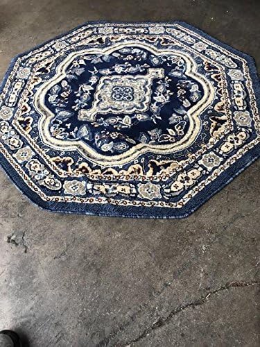 Miniatura 6 de emirates Alfombra tradicional persa octagonal azul oscuro, azul claro, marrón y gris, diseño 520 (4 pies x 4 pies)
