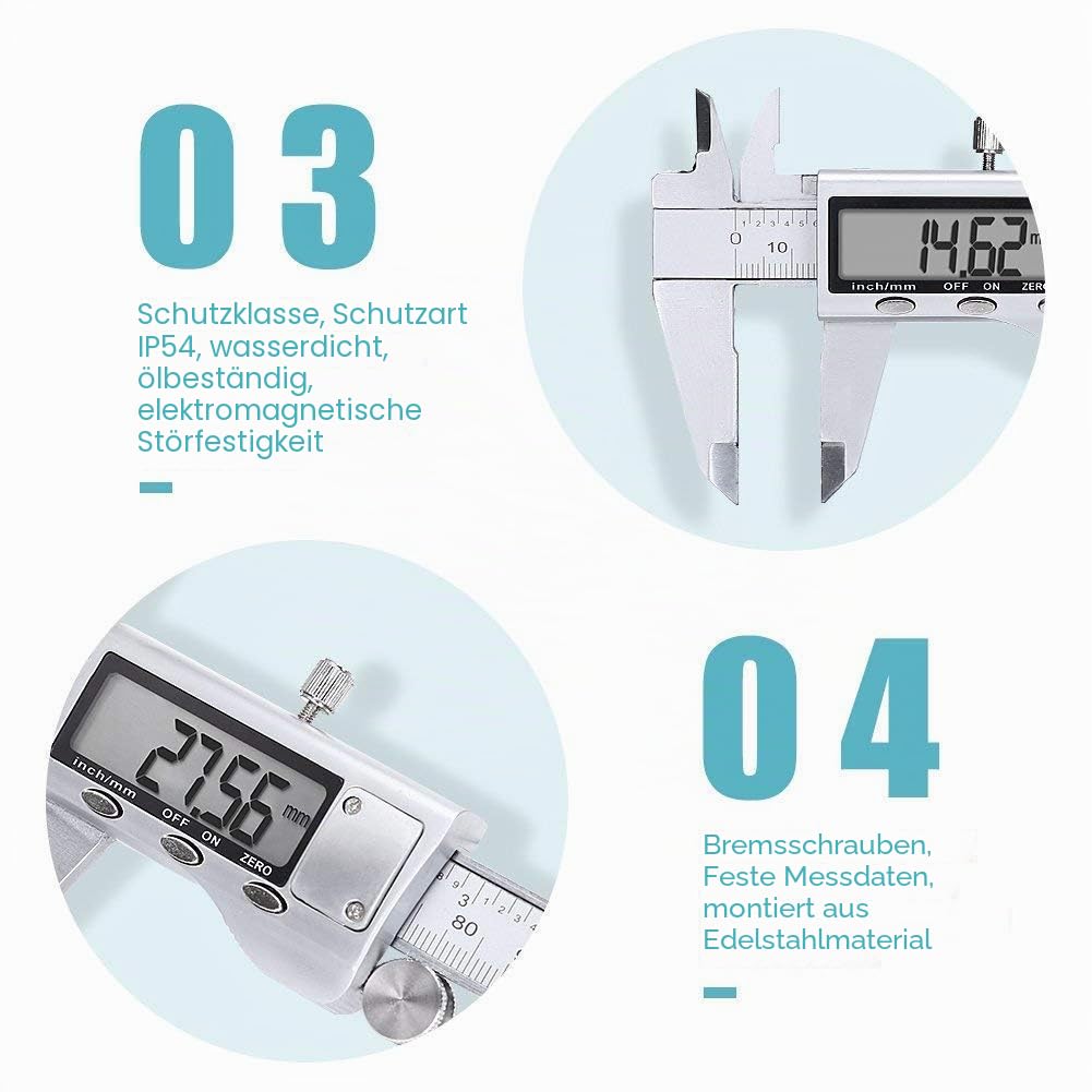 Messschieber Digitale 0-150mm/0-6 Zoll, Hochpräzise Edelstahl Schieblehre, Elektronischer Digitaler Schieblehre, Messschieber, für Innen, Außen&Stufen Messung, LED-Anzeige, Haushalt und Industrie