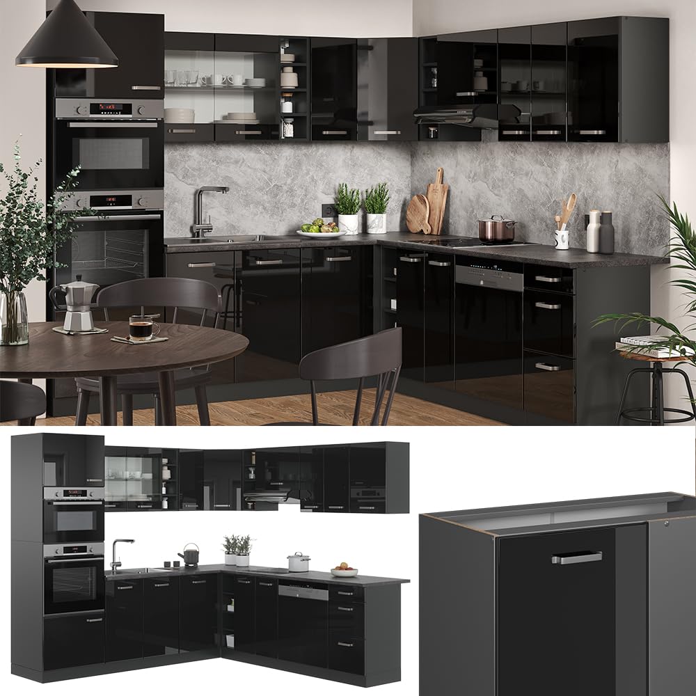 Vicco Cocina esquinera R-Line, Negro Brillo Intenso, 247 x 60 cm, ET Mármol, para planificación de Cocina Variable y ampliación Modular