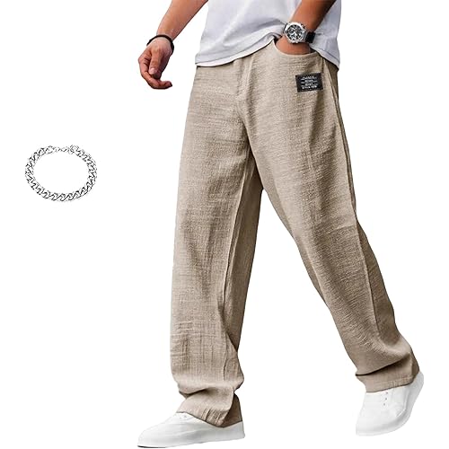 Mokaloha Mens Pants, Fall Men's Casual Hemp Fabric Embroidered Logo Drawstring Loose Elastic Waist Pocket Trousers