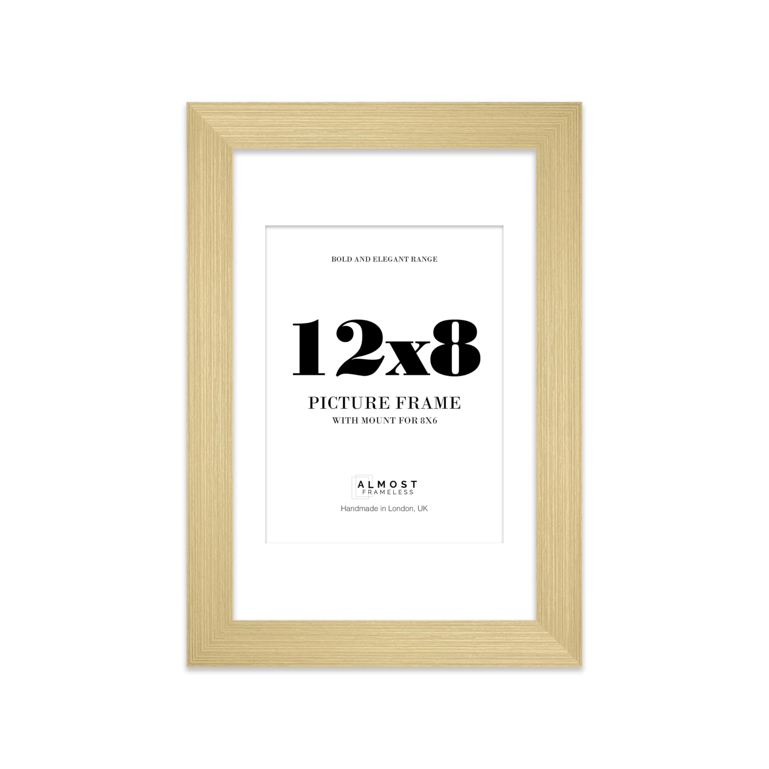 12x8" Gold Frame With Mount for 8x6" Pictures 28mm Edge Portrait and Landscape Display with Wall Hooks and Kickstand, 1 Pack