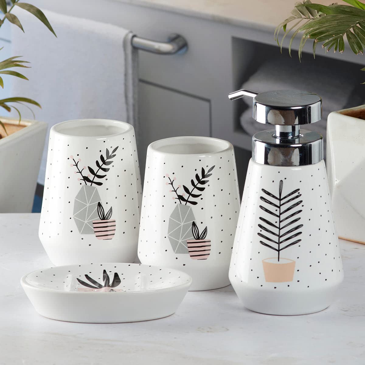 Kookee Ceramic Bathroom Accessories Set of 4, Modern Bath Set with Liquid handwash Soap Dispenser and Toothbrush Holder, Luxury Gift Accessory for Home, White/Multicolor (9870)