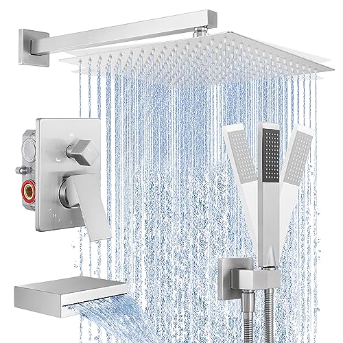 KES Shower Faucet Set 12 Inch Rain Shower Head 3-Function Shower System with Tub Spout Rainfall Shower Head with Handheld Shower, Pressure Balance Valve Brushed Nickel, XB6305F18S12-BN