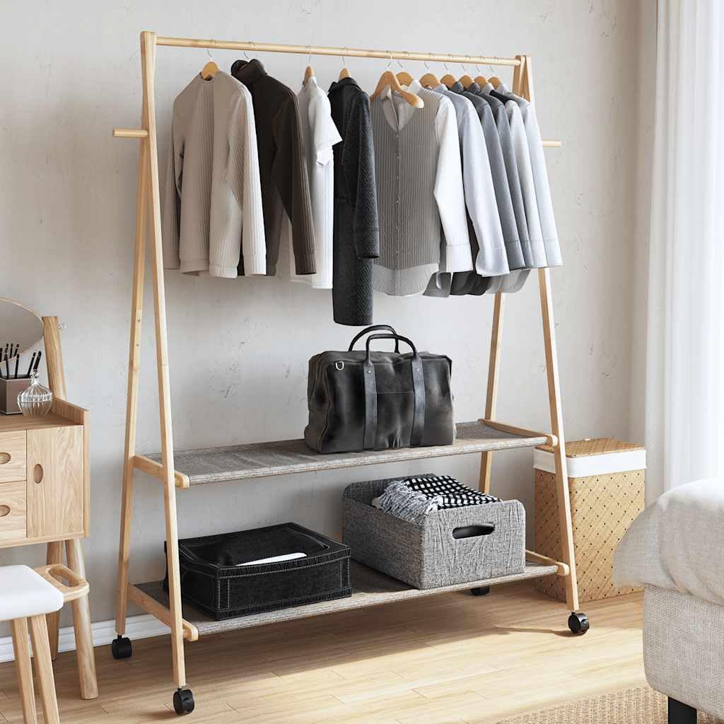 Kleiderständer Bambus mit Ablagen und Rollen 132x45,5x155,5 cm freistehend faltbar platzsparend stabil mit Kleiderstange Haken Garderobenständer für Schlafzimmer Flur Wohnzimmer