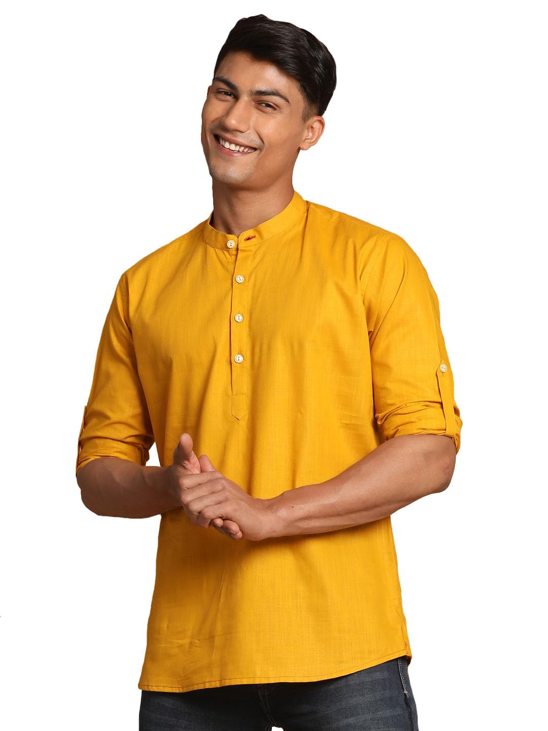 vastramay Men's Cotton Blend Short Kurta || Cotton Short Shirt Style Solid Kurta With Buttonhole Detailing || Ethnic Wear for Festivals, Weddings-picture-34